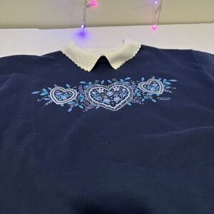 Morning Sun Sweater Collared Pullover M Blue Floral Hearts 80s 90s Grandmacore